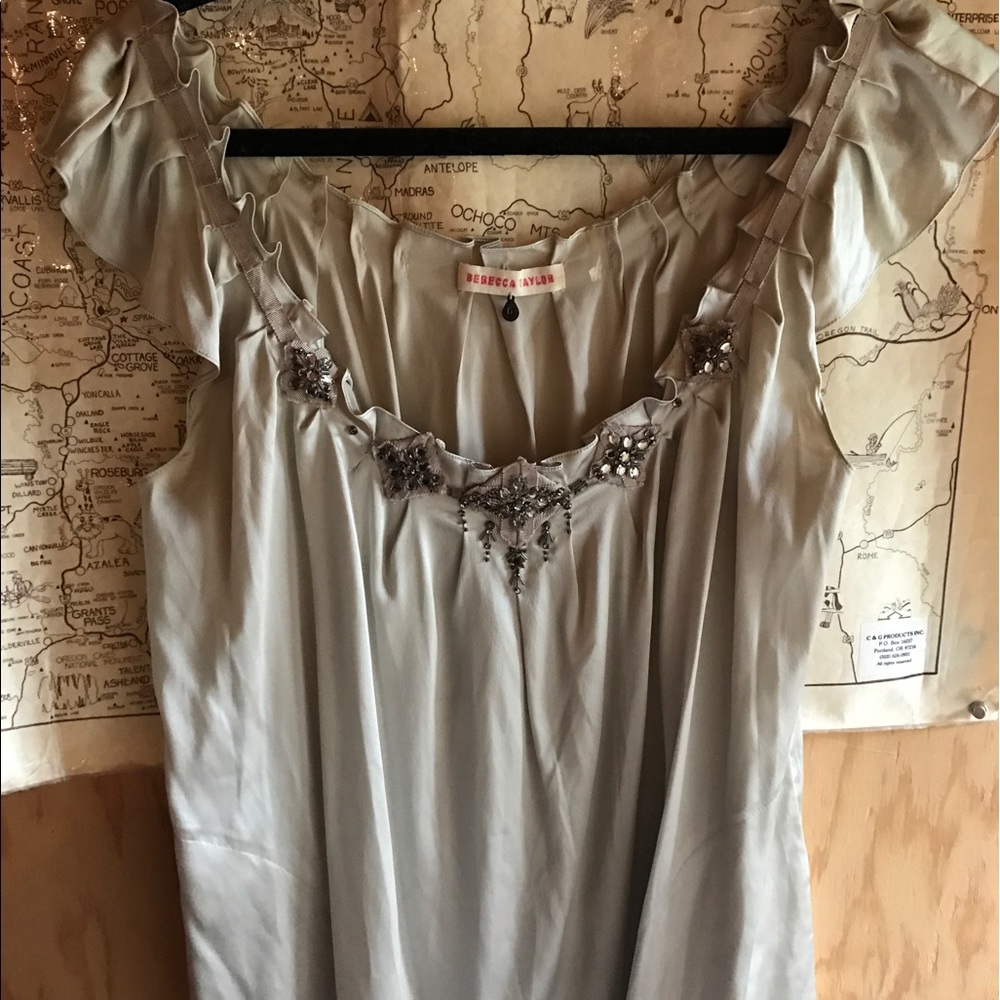 silk cap sleeve jeweled tank, a shiny pewter color